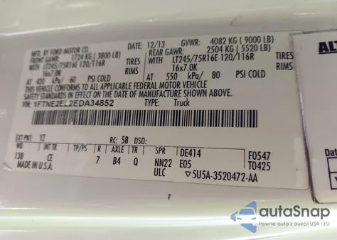 2014 Ford E-250 Commercial z USA, uszkodzony, nr VIN 1FTNE2EL2EDA34852